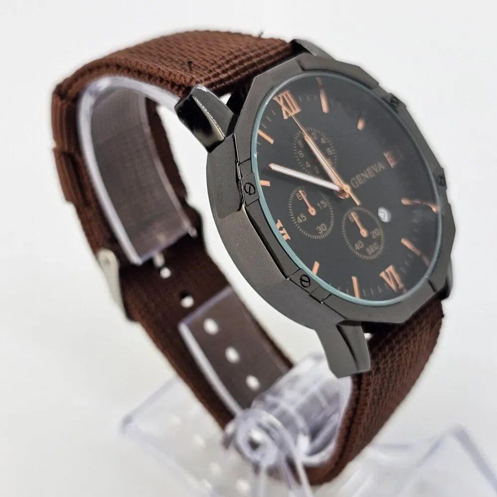 Men's Watch 42MM Black Dial Black Case Brown Canvas Band‎ Straps Date Indicator